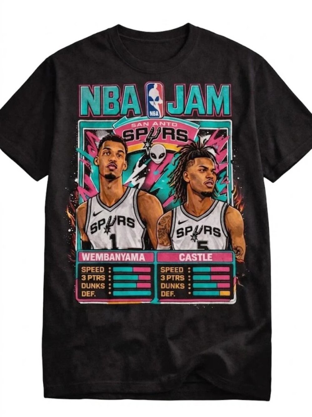 NBA Jam Spurs Wembanyama Castle Retro Game Style Basketball T shirt